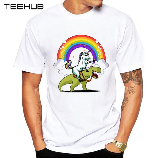 

teehub rainbow skater men t-shirt funny horse riding dinosaur printed male o-neck short sleeve men's geek tee shirts