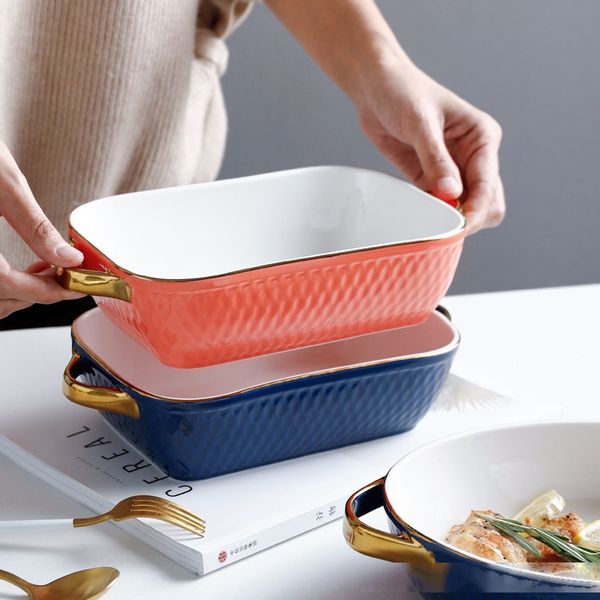 

elegant luxury stripe ceramic baking pan dish porcelain plate with golden handle wholesale dinnerware pasta pizza plate t200430
