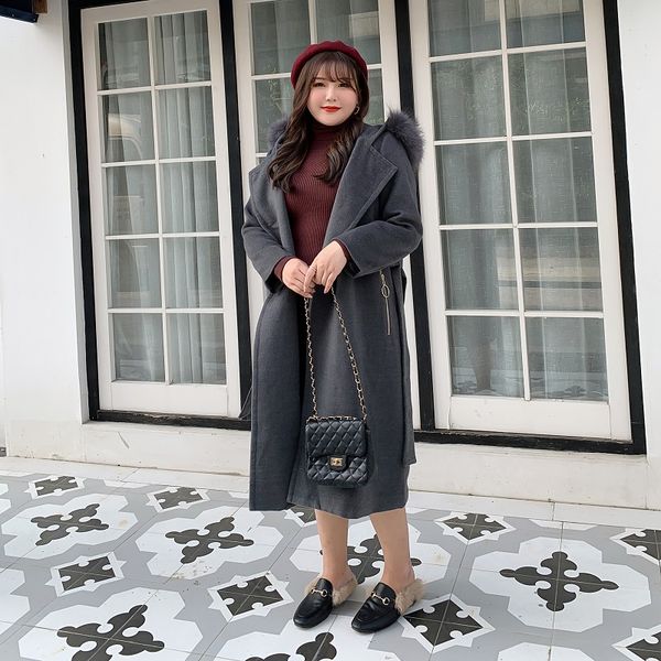 

plus size women woolen overcoat with waistband 2020 ladies new coats winter autumn trench with fur collar female outerwear 5xl, Black