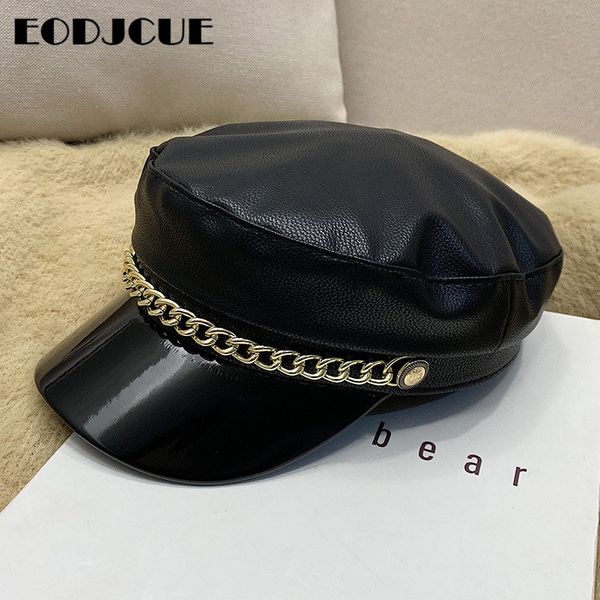 

fashion pu leather hat autumn winter sailor hat for women men flat female captain cap british beret gorras, Blue;gray
