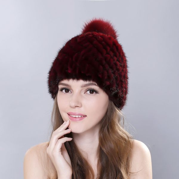 

winter warm hat women knitted beanies hat with real fur pompom luxury, Blue;gray