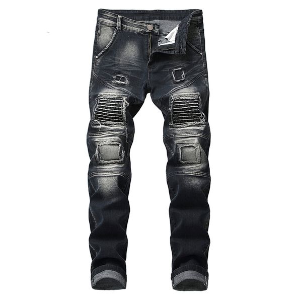 

classic jeans slim fit men designer jeans pants clothing plus size men trousers new fashion retro men's denim ripped, Blue