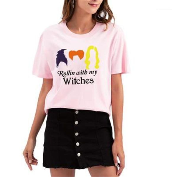 

с коротким рукавом повседневная сыпучие tshirt одежда rollin с моим ведьмы женщин футболки летняя мода хэллоуин вокруг шеи tee дизайнер мужс, White