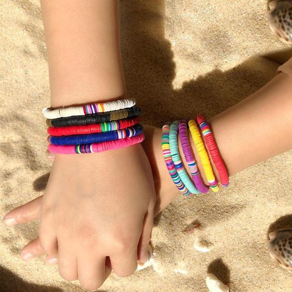

tennis 5/7pcs women boho rainbow polymer clay string beads bracelet wristband bangle, Golden;silver