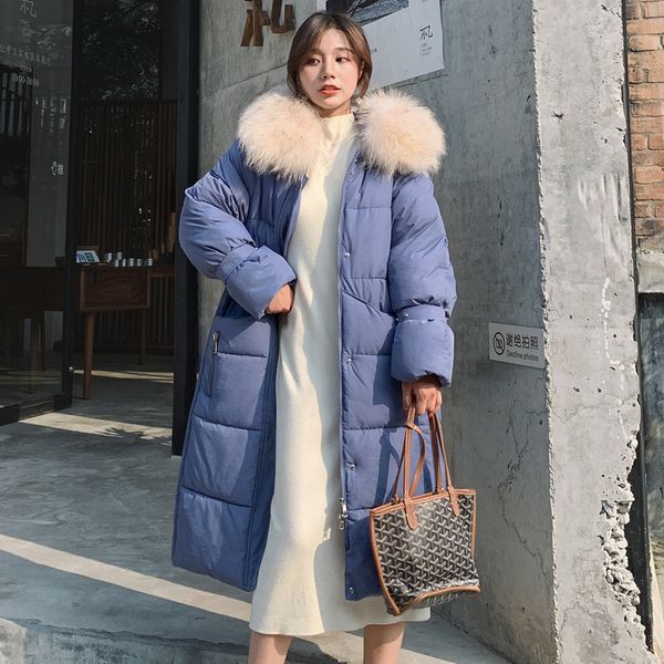 

x-long women's down jacket hooded thick parkas female winter 2020 plus size with fur collar solid loose casual women coats, Black