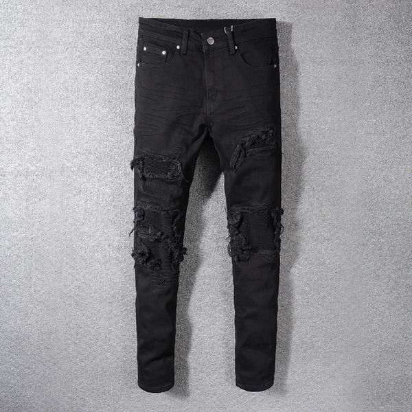 

men's jeans fashion streetwear men black color patchwork destroyed denim pencil pants ripped for hip hop skinny hombre, Blue