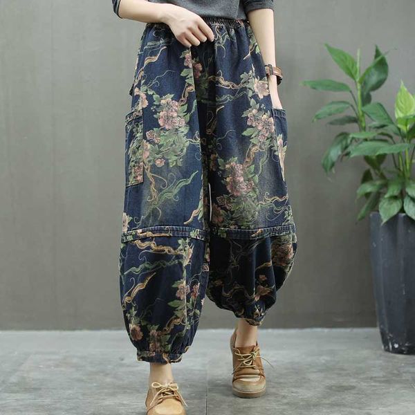 

2020 autumn new high waist printed large size jeans women's loose wide leg elastic waist pants women's dad pants all-match new, Blue