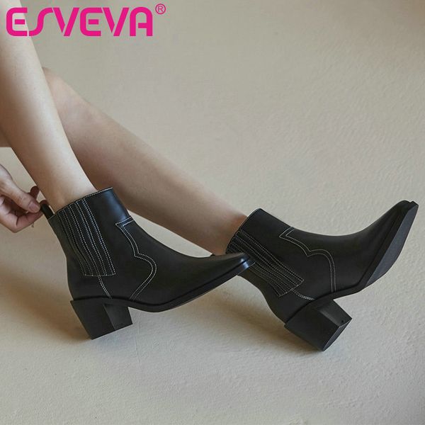 

boots esveva 2021 elegant pointed toe square med heel pu+leather ankle women shoes western style black size 34-39