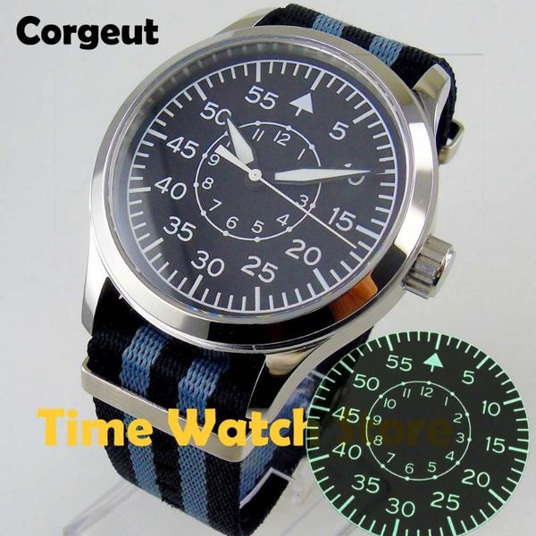

corgeut 42mm miyota 8215 5atm luxury automatic wrist watch men waterproof luminous black dial white marks nylon strap, Slivery;brown