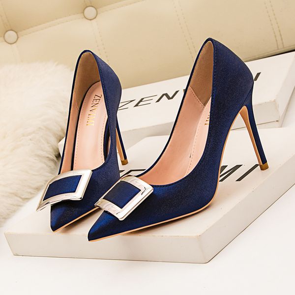 

new 10cm pumps banquet women's shoes high-heeled satin shallow mouth pointed square buckle thin high-heeled shoes, Black