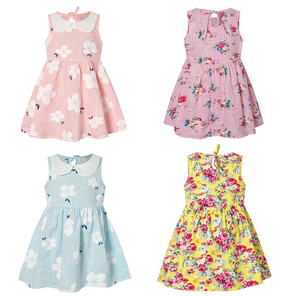 

girls summer dress cute flower print sleeveless soft dresses children fashion princess costume girl clothes party stuff kg-143, Red;yellow
