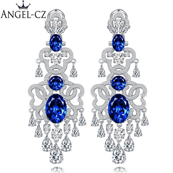 

angelcz european luxury bridal chandelier drop long earrings dark blue cubic zirconia vintage women large wedding jewelry ae015, Silver