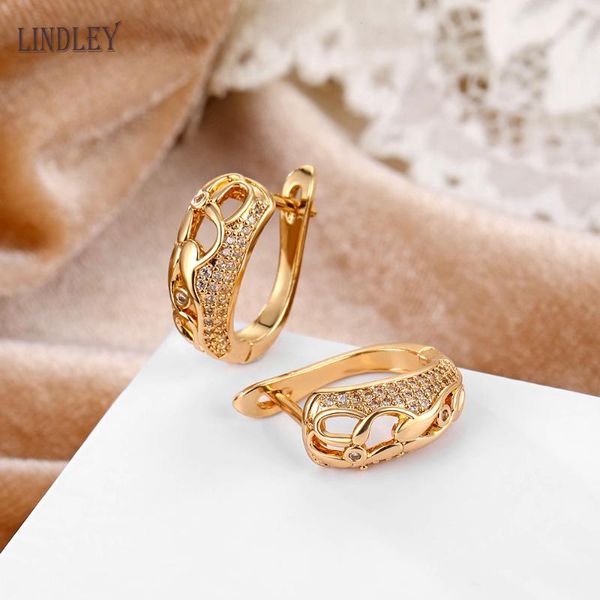 

hoop & huggie lindley earrings 2021 micro wax inlaid hollow women luxury wedding fashion jewelry 585 rose gold zircon flower, Golden;silver