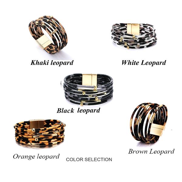 

link, chain 2021 leopard magnet buckle leather multi-layer wide bracelet wear bead rope copper tube for women, Black