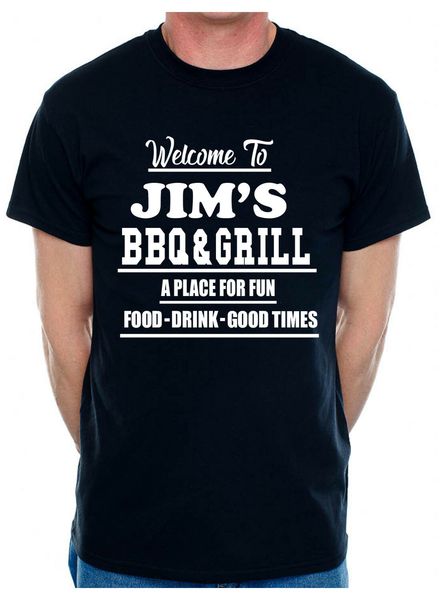 

personalised mens t shirt bbq grill jims your choice of name your cafe name