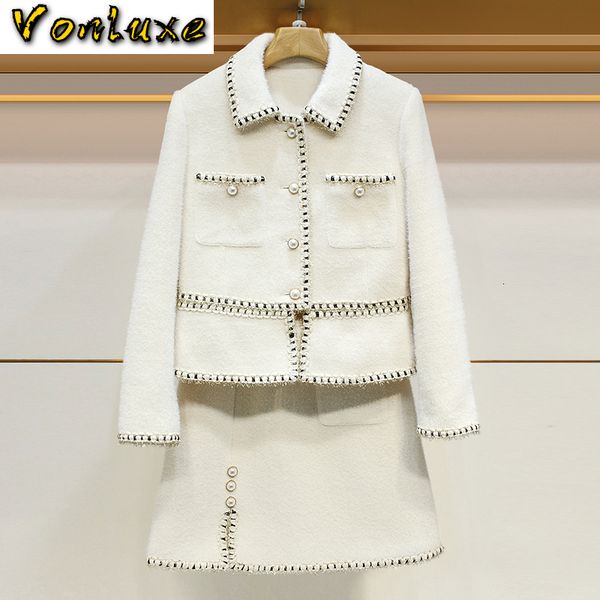 

two piece dress luxury suits women set autumn winter tweed office ladies runway designer jacket a line mini skirt clothes, White