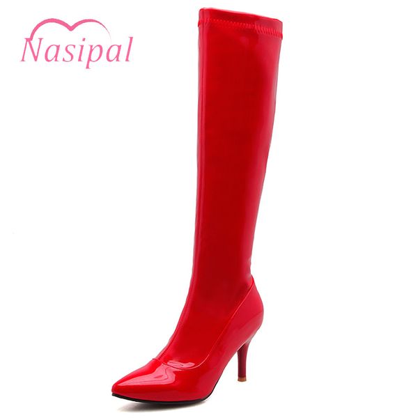 

boots lasyarrow women's knee high stiletto women solid red black patent leather heels knight lady footwear