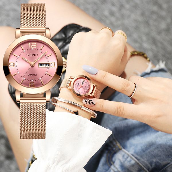 

high-end korean fashion net red automatic non-mechanical ladies watch luminous waterproof double calendar female student steel belt watch, Slivery;brown