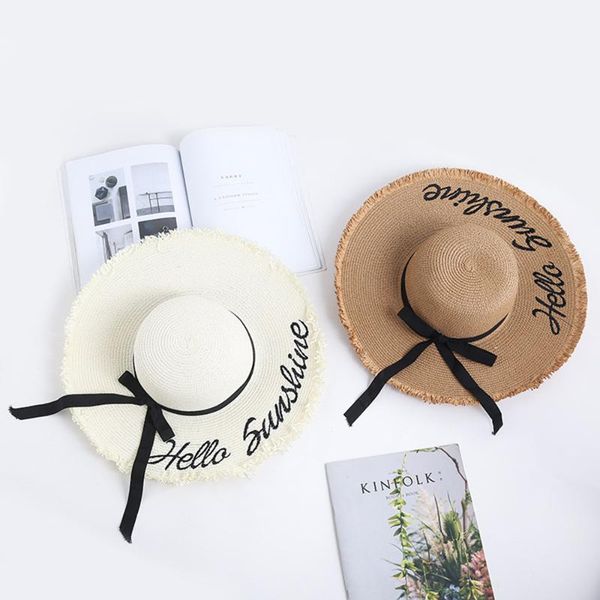 

woven straw letters simple bow fashion personality female sweet big sun hat leisure travel solid color cute temperament wild, Blue;gray