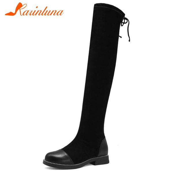 

karin autumn female over the knee boots round toe aquare med heels lace up boots women 2020 concise office shoes woman, Black