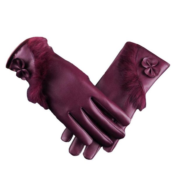 

five fingers gloves fashion women' bowknot pu touched screen warm leather winter thicken ladies glove elegant finger, Blue;gray