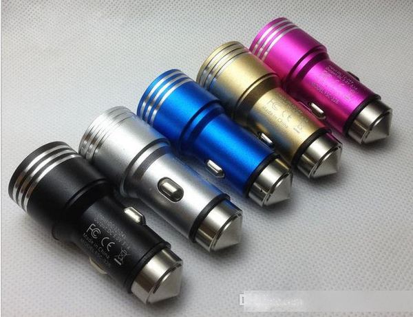 

safety hammer aluminum alloy real 1.3a dual port usb car charger universal for smart phone ic protection 100pcs/lot