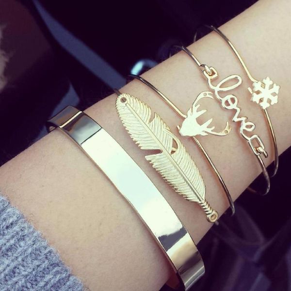 

4 pcs/set women fashion bohemian retro punk leaves love letter elk snowflake open bracelet party wedding accessories, Black