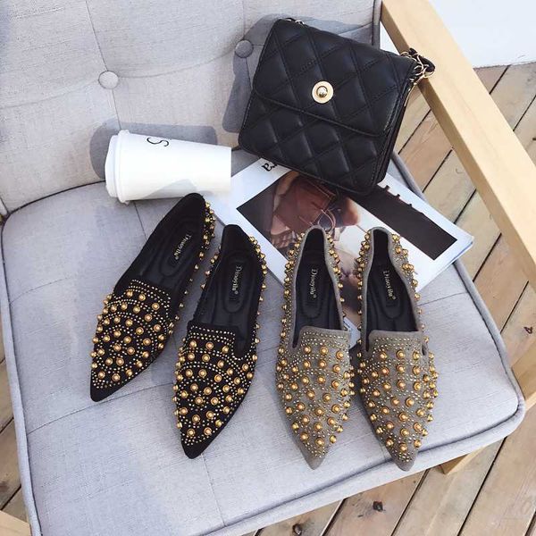 

women flats shoes pointed toe rivet design fashion casual flats heeled sweet shallow slip on shoes soft sole lazy crystal, Black