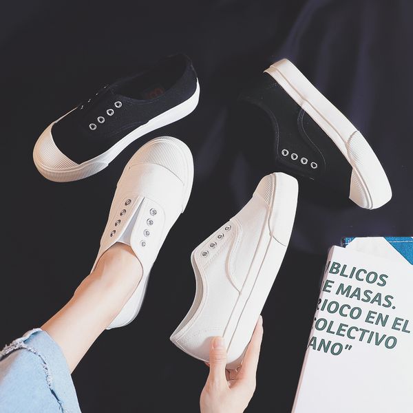 

canvas shoes women's shoes 2020 all-match small white hong kong-style lazy one-pedal, Black