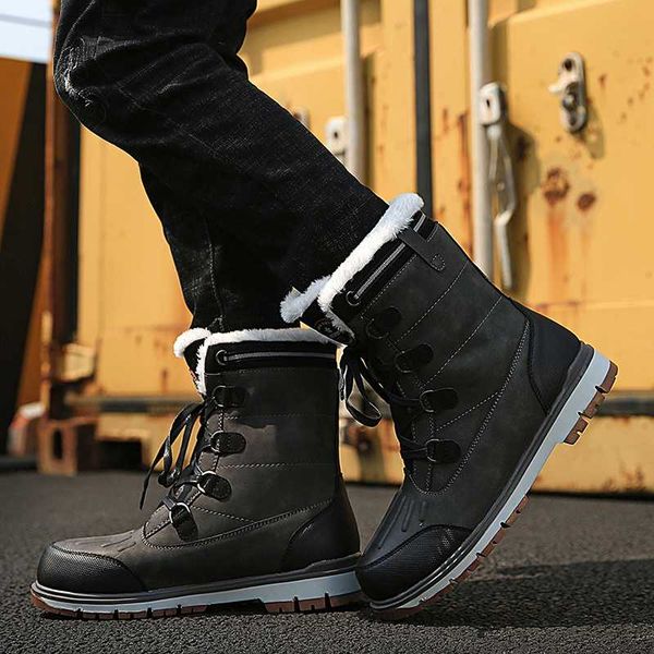 

winter snow boots mens shoes split leather rubber ankle boots with fur warm walking fashion footwear male botas plush soft, Black