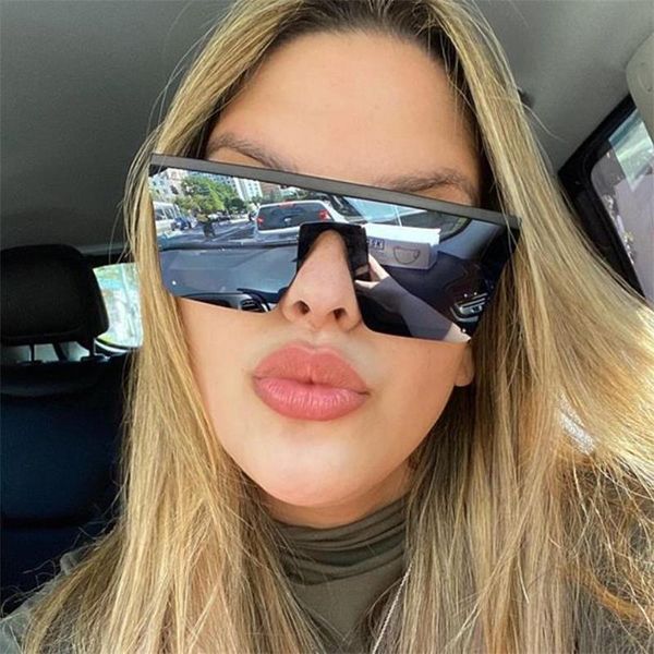 

big reflective glasses women flat shield sunglasses square mirror rimless glasses luxury 2020 shades men polarized driving, White;black
