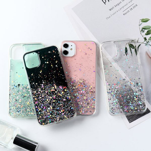 

bling glitter epoxy starry star gold foil soft tpu shockproof cases for iphone 12 11 pro max xr xs x 8 7 se2 samsung s10 plus s20 fe s21 ult