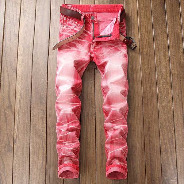 

punk men's red jeans pants washed denim slim pencil pants long trousers j25, Blue