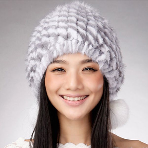 

14621 new knitted real hat fur cap fur pompom decoration beanie hat headgear head warmer headdress, Blue;gray