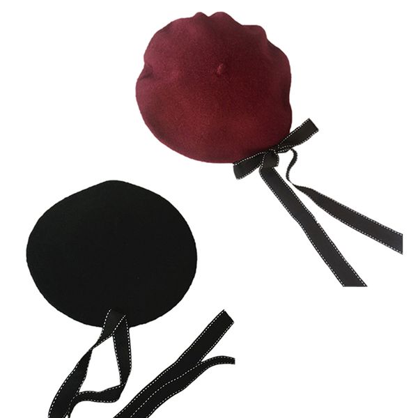 

ladies fashion bow black beret painter cap long ribbon beret autumn and winter wild hat, Blue;gray