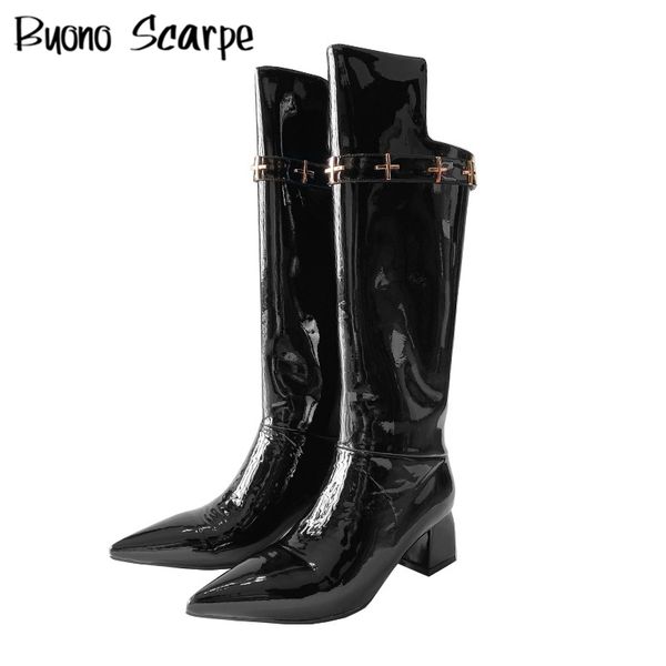 

patent leather women boots metal cross designer chunky knee boots punk black chaussure femme autumn winter warm shoes woman new