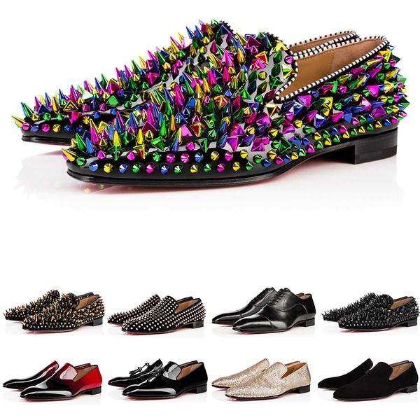 

with box fashion mens shoes loafers black spike patent leather slip on dress wedding flats bottoms shoe for business party size 38-47