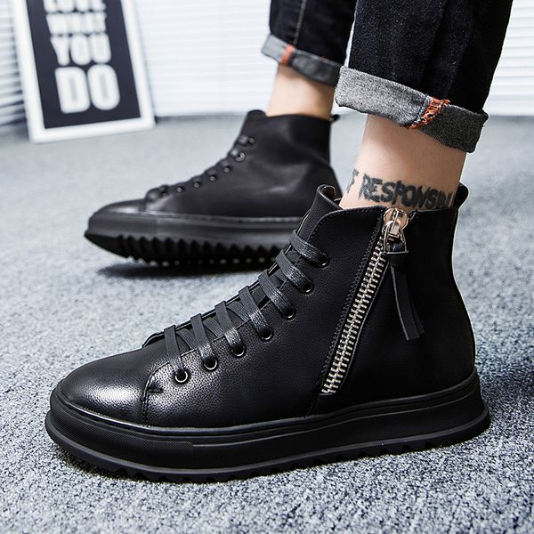 

british style men's casual black cow leather boots lace-up flats platform shoes spring autumn ankle boot chaussure homme botas