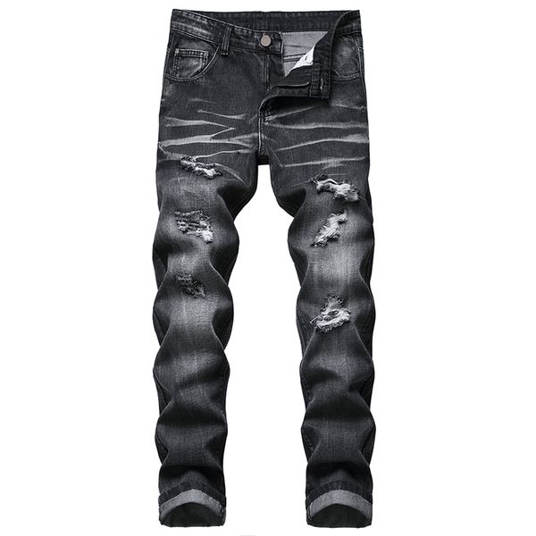 

men's jeans good quality mens washed smoky gray denim pants skinny with holes scratched, Blue