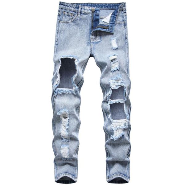 

men large ripped jeans straight washed full length multi-hole high street denim trousers male, Blue