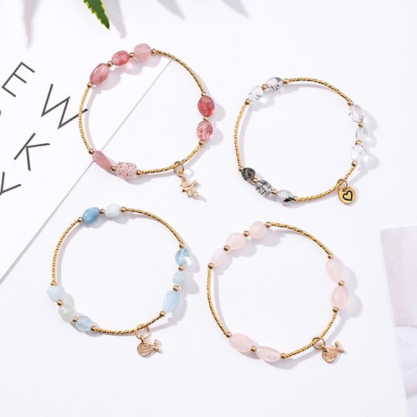 

charm bracelets korean simple sweet cute irregular rose crystal beaded love heart bird fish pendant bracelet for women girls handmade jewelr, Golden;silver