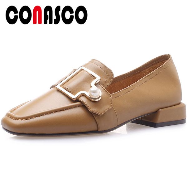 

conasco classic design woman pumps cow leather spring autumn casual pearl decoration metal decoration square toe square heeled, Black