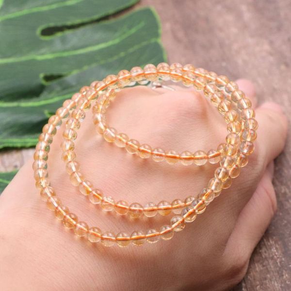 

5mm crystal citrines bracelet natural stone bracelets gift yellow friendship round beads 3 row layer bangle jewelry 21"a973, Golden;silver