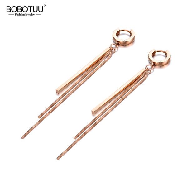 

bobotuu simple rose gold long strip & chain tassel earrings for women girls titanium steel bohemia party hoop earrings be19228, Golden;silver