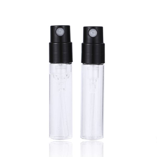 

2ml/2.5ml perfume sample spray bottle with black cap clear transparent glass atomizer empty bottle