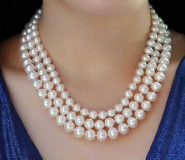 

triple strands 8-10mm round white pearl necklace18-20inch yellow clasp, Silver