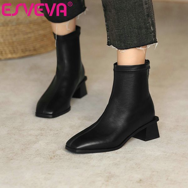 

esveva 2021 square med heel pu leather ankle boots women boots shoes pointed toe platform zipper size 34-43, Black