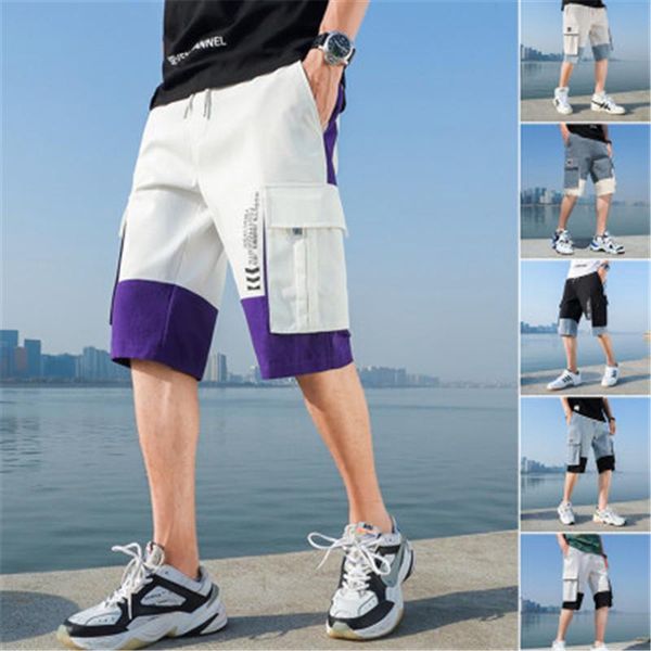 

mens short cargo pants fashion trend loose drawstring knee length beach casual pants summer designer new male pocket shorts clothing, White;black