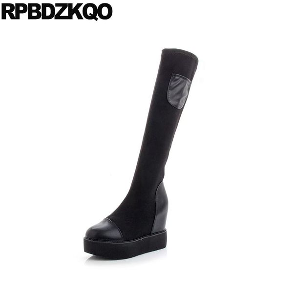 

колено высокие меховые упругая дизайнер платформы скольжения на клин обувь женщин сапоги зимой 2020 черный тонкий осенний простирания пятки, Black