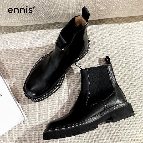 

ennis brand ankle boots for women boots platform genuine leather slip on autumn winter flat black beige shoes new a9208